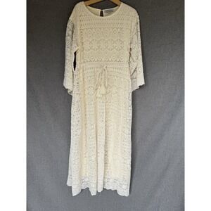 INDIE BLUE Sz 10-12 Crochet Knit Midi Dress Boho Lace Tassel Hippie‎ Ivory Cream